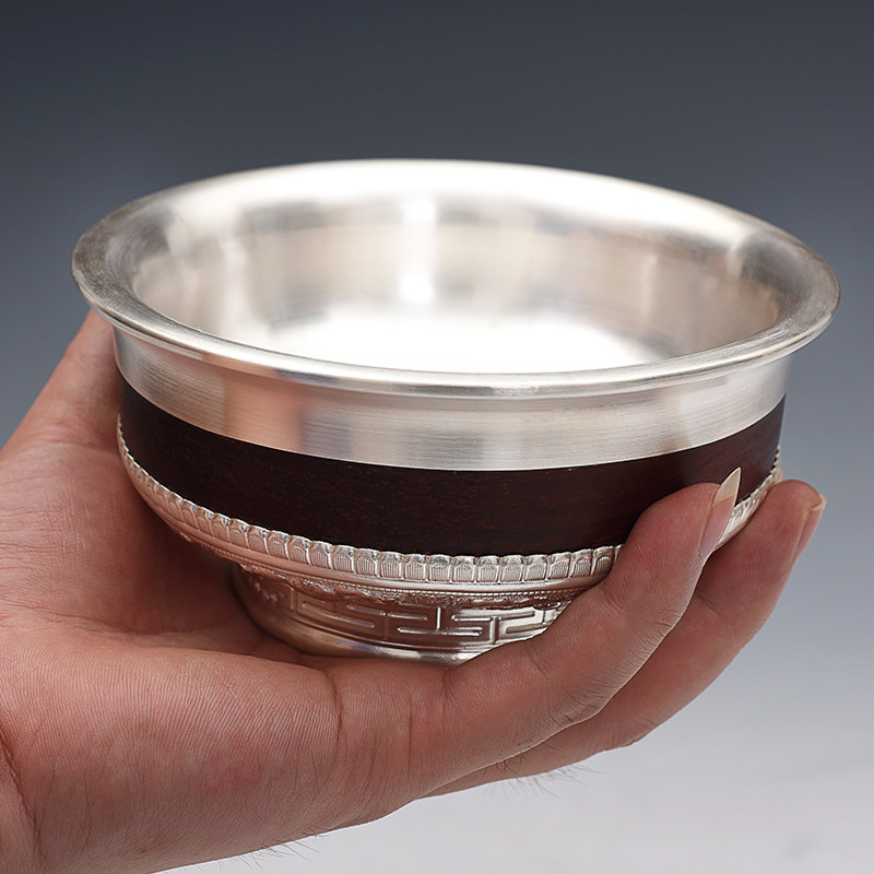 银器时代 蒙古银碗全手工打造纯银碗 高档红木边碗 纯银茶具大碗