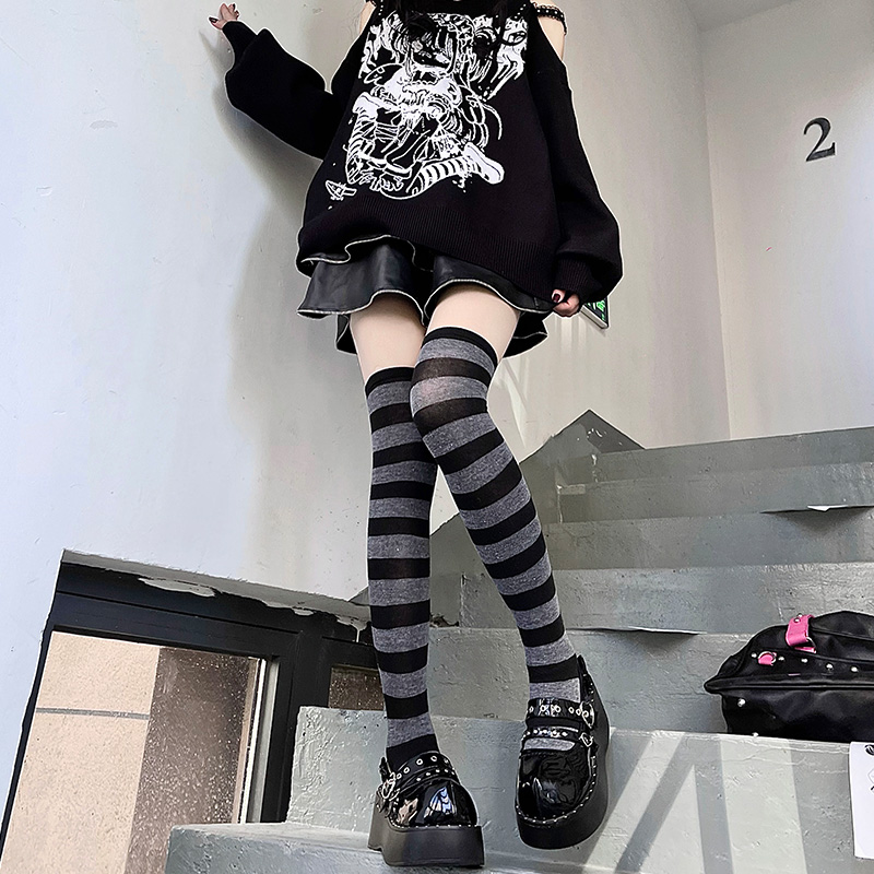 黑灰条纹过膝袜日cosplay动漫亚比朋克y2k辣妹中筒袜