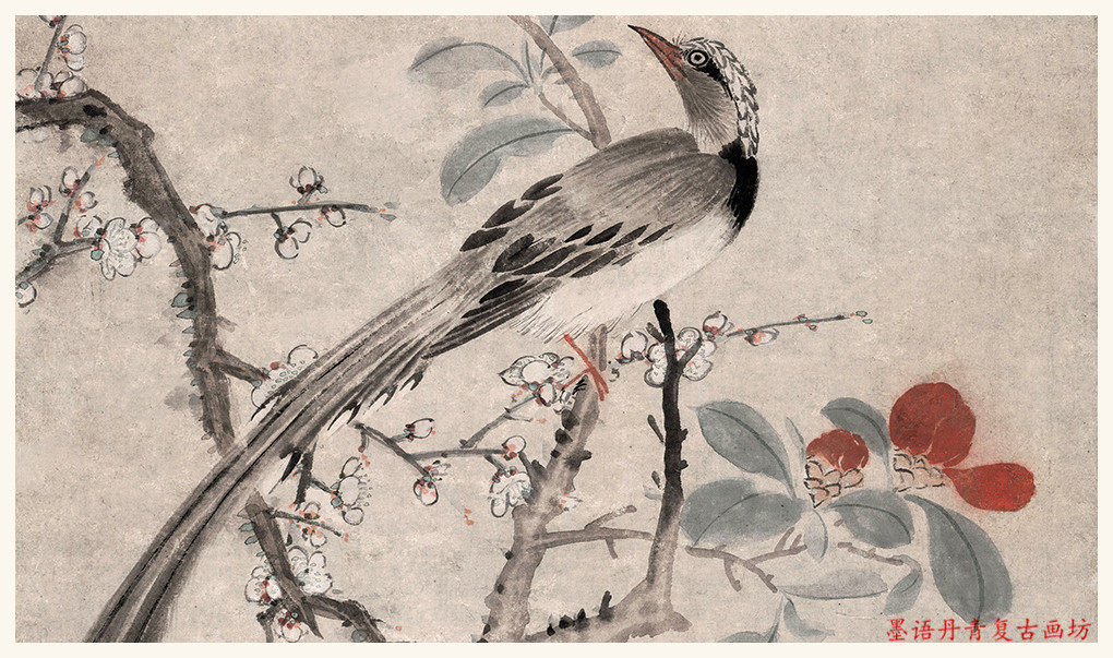 中国临摹复制高清立轴花鸟画名画山雀梅茶梅茶山雀图国画
