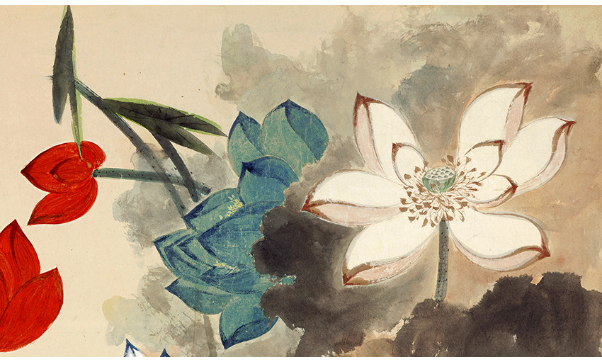 名家真迹艺术古代名画复制品张大千五色荷花宣纸国画