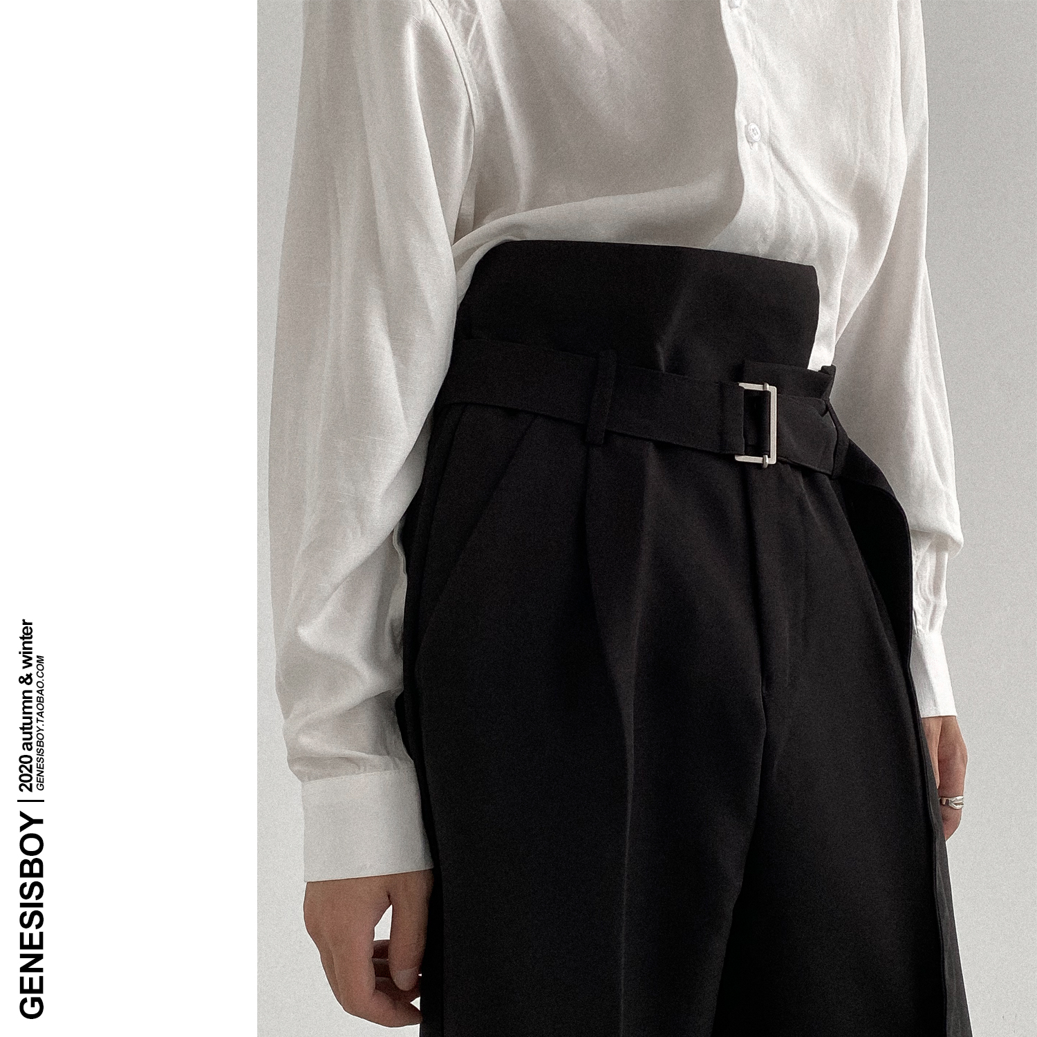 GENESISBOY 一看就很时髦气质的自带腰带不规则裤腰休闲直筒西裤