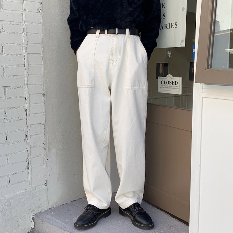 叮铛Kouka白色牛仔裤宽松直筒韩版潮流百搭复古休闲阔腿口袋日系