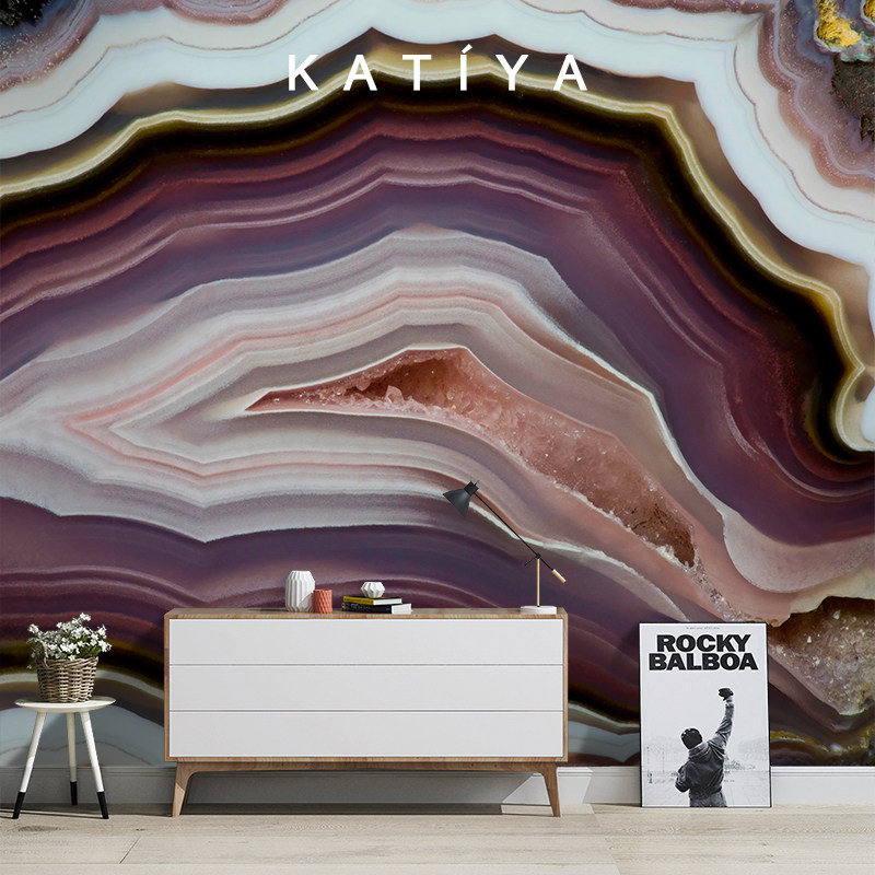 katiya北欧手绘抽象大理石纹客客厅电视背景墙无缝定制壁画