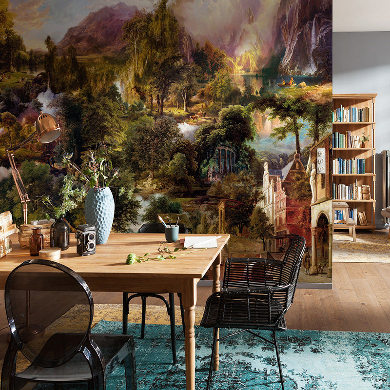 katiya欧式山水树林复古油画客厅电视背景墙壁纸定制壁画