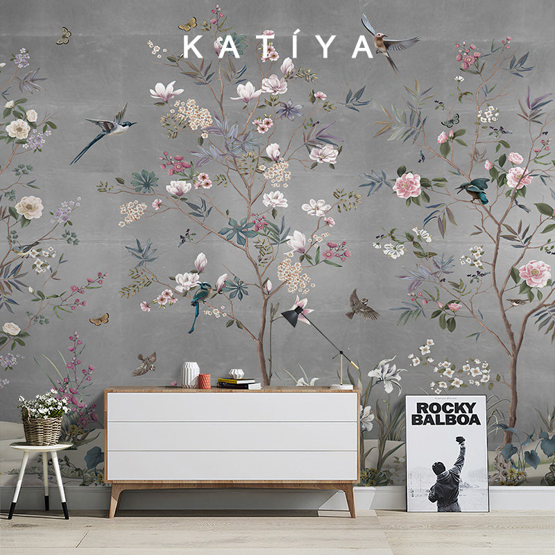 katiya美式田园欧式花朵墙布客厅沙发电视背景墙无纺布墙纸