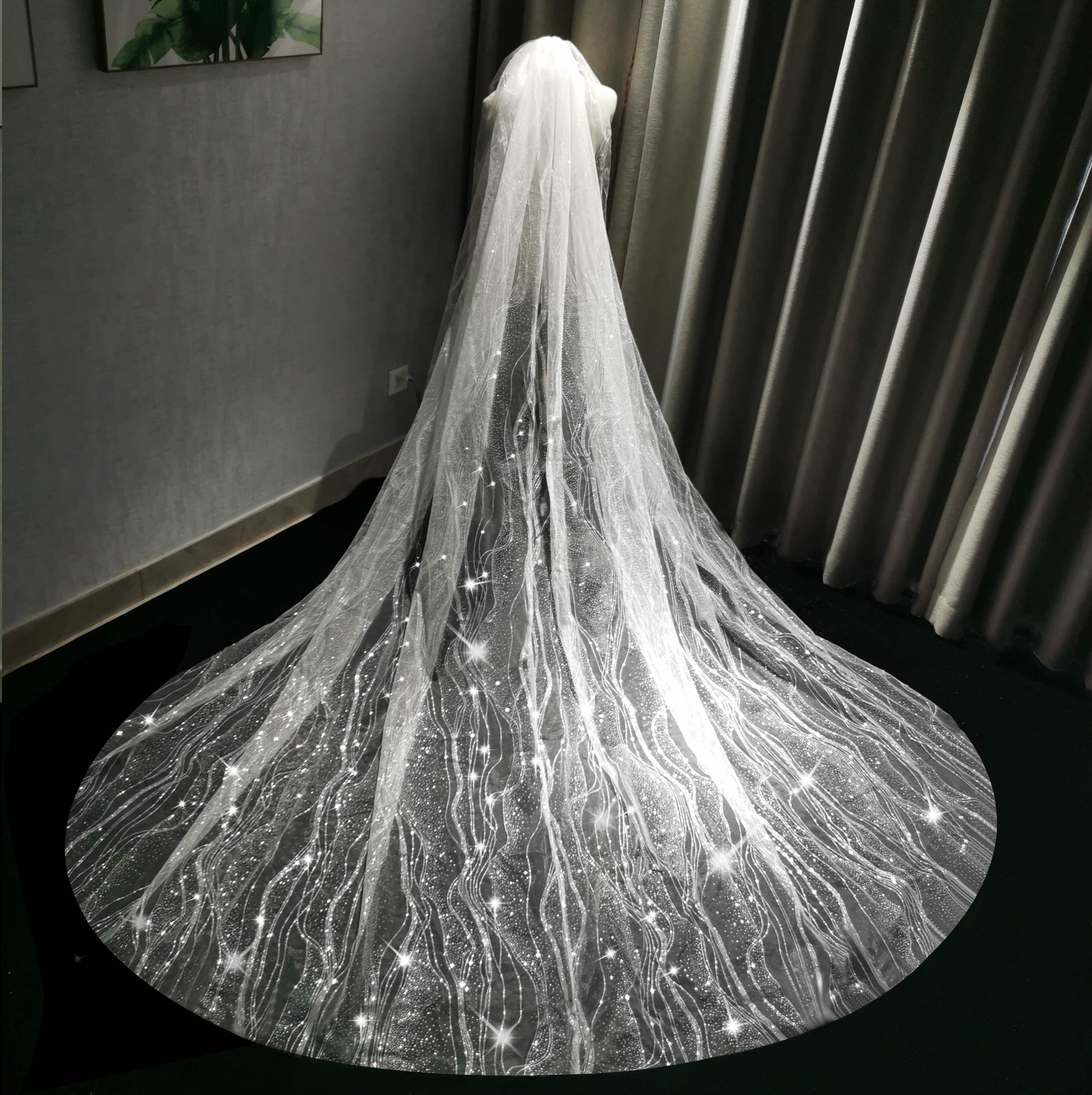 抖音香槟色星空空头纱女头饰超长新娘主婚婚纱头纱