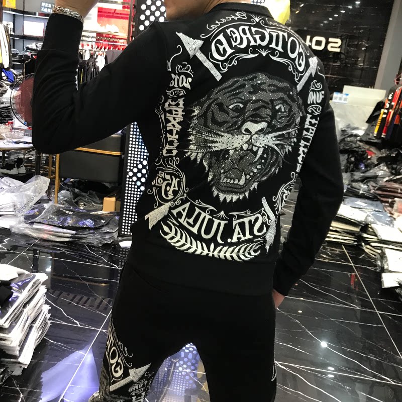 2019秋冬新款潮牌老虎烫钻套装男士休闲运动ins休闲运动套装