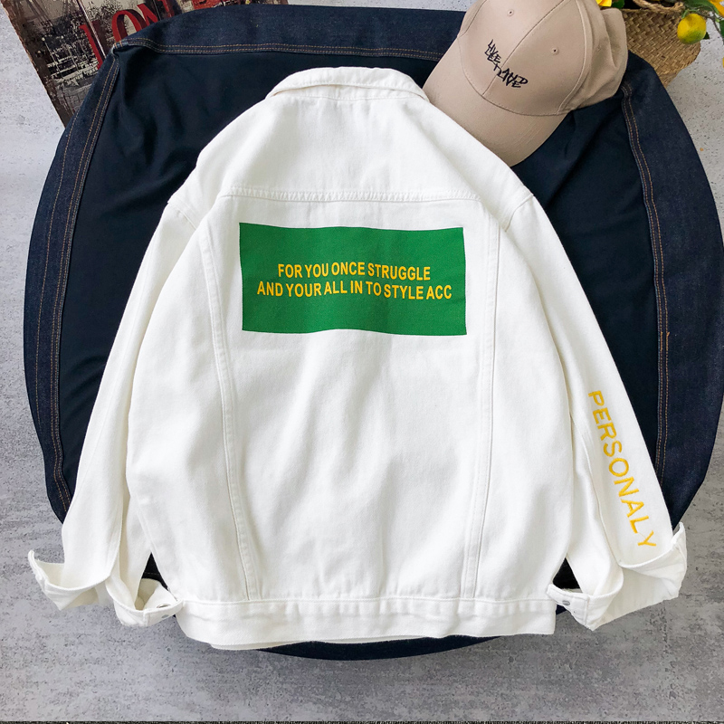 秋季新款港风潮流牛仔衣外套男夹克宽松ins休闲工装情侣上衣白色