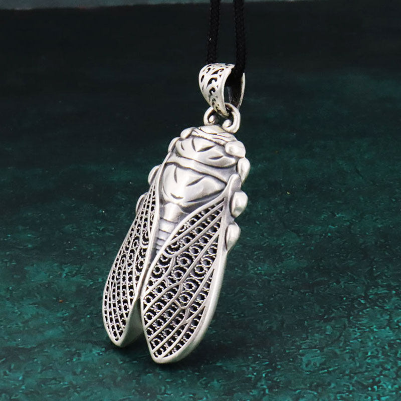 银蝉吊坠纯银复古毛衣知了一鸣惊人男女银饰坠子项坠