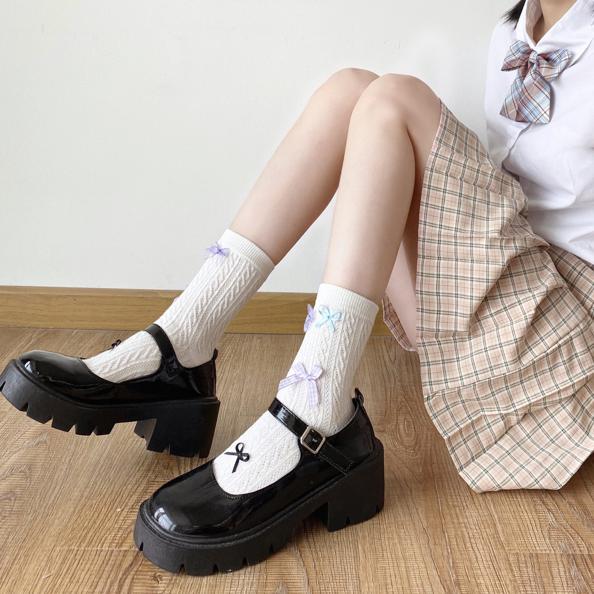 aytofilms春秋蝴蝶结中筒筒袜少女麻花花纹短袜