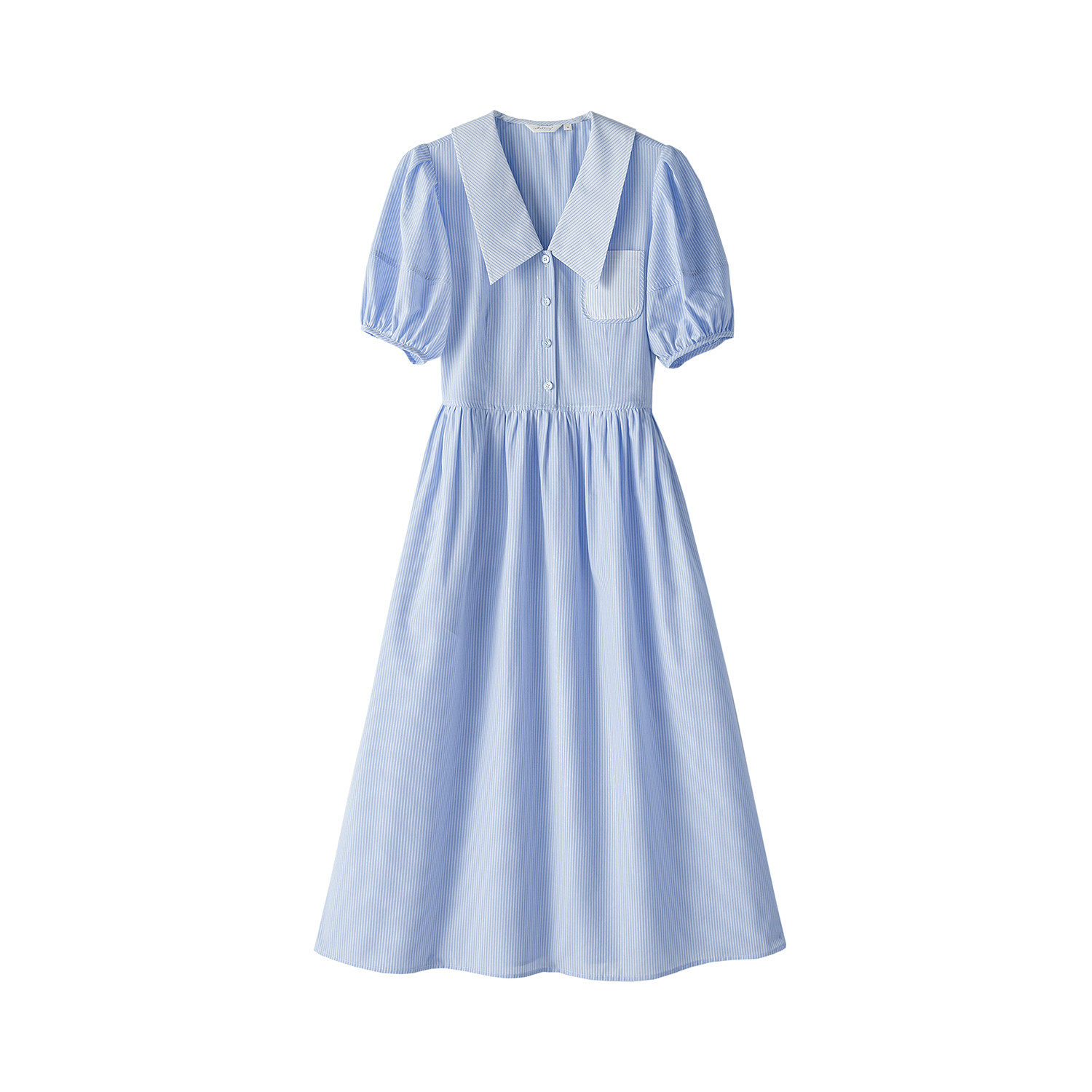 2022年新款复古休闲衬衫中长蓝色条纹拼接纯棉连衣裙