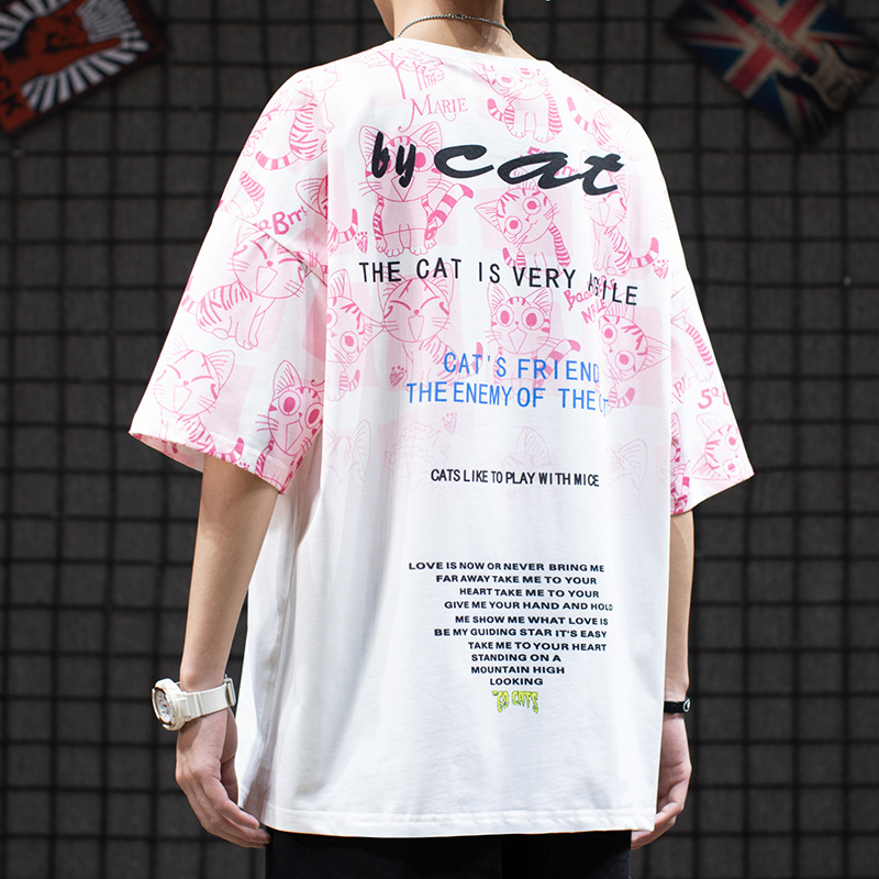 日系原宿风卡通猫咪扎染情侣夏装潮流街头宽松oversize短袖T恤男