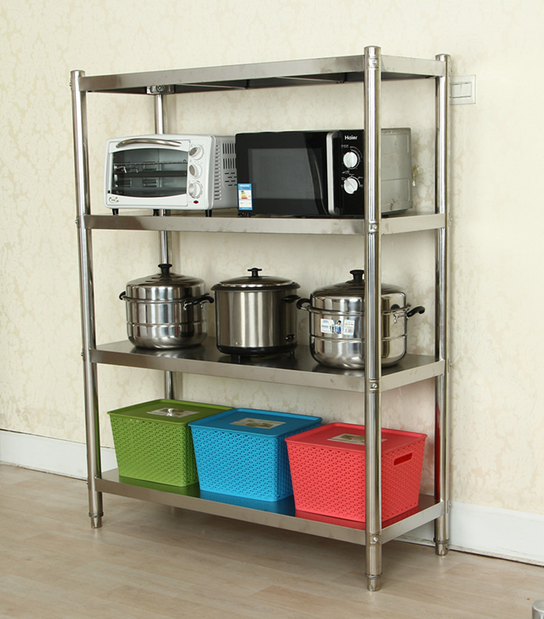 不锈钢货架落地置物架四层家用厨房收纳物架微波炉厨房置物架