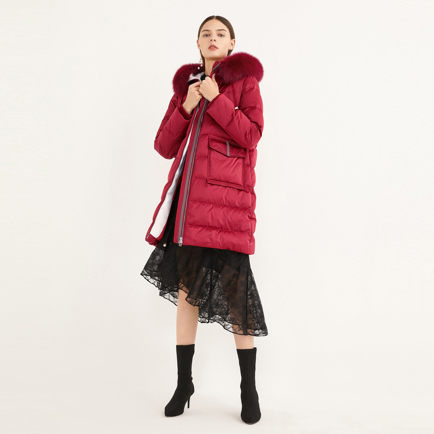 juzui玖姿2022冬季新款纯色可拆卸狐狸毛领连帽羽绒服