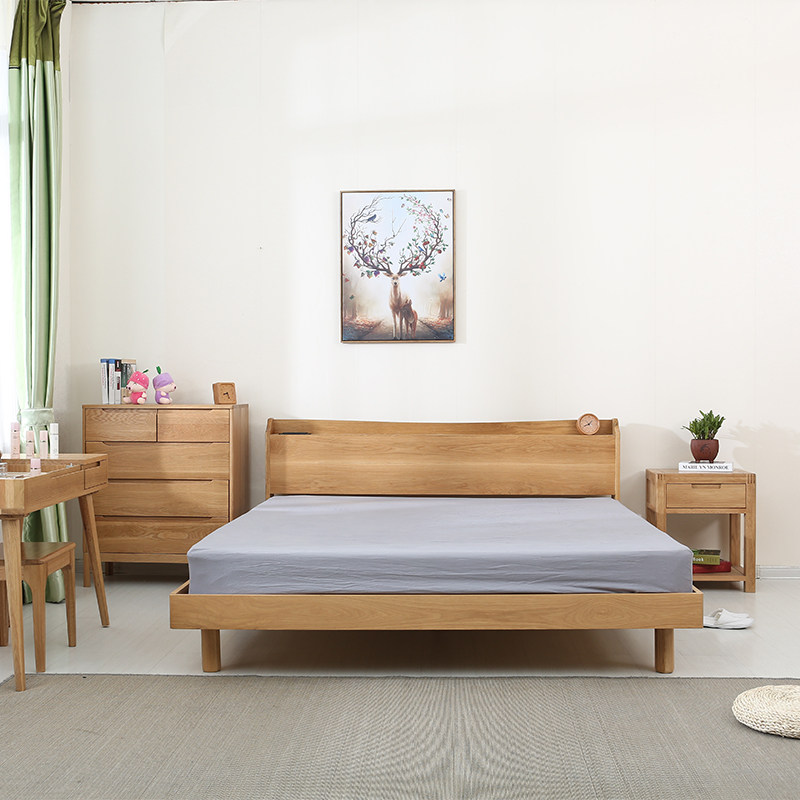 插座北欧家具白橡实木床充电单双人主卧室现代简约网红实木床