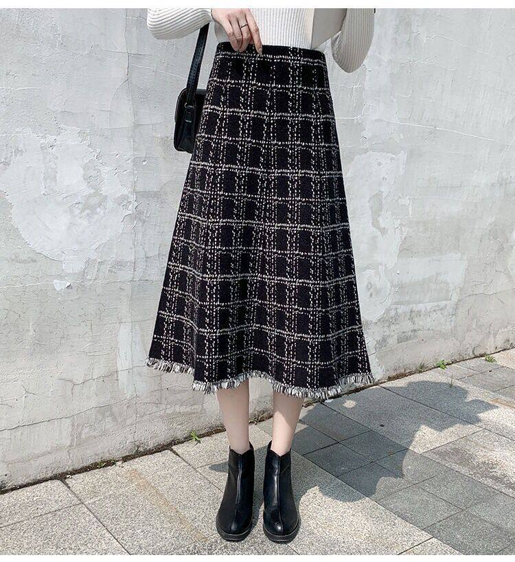 冬季中长长裙毛呢加厚裙显款冬格子秋冬半身半身裙