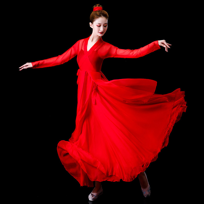 秋季舞蹈练习裙子新疆红纱半身雪纺古典现代舞民族服装