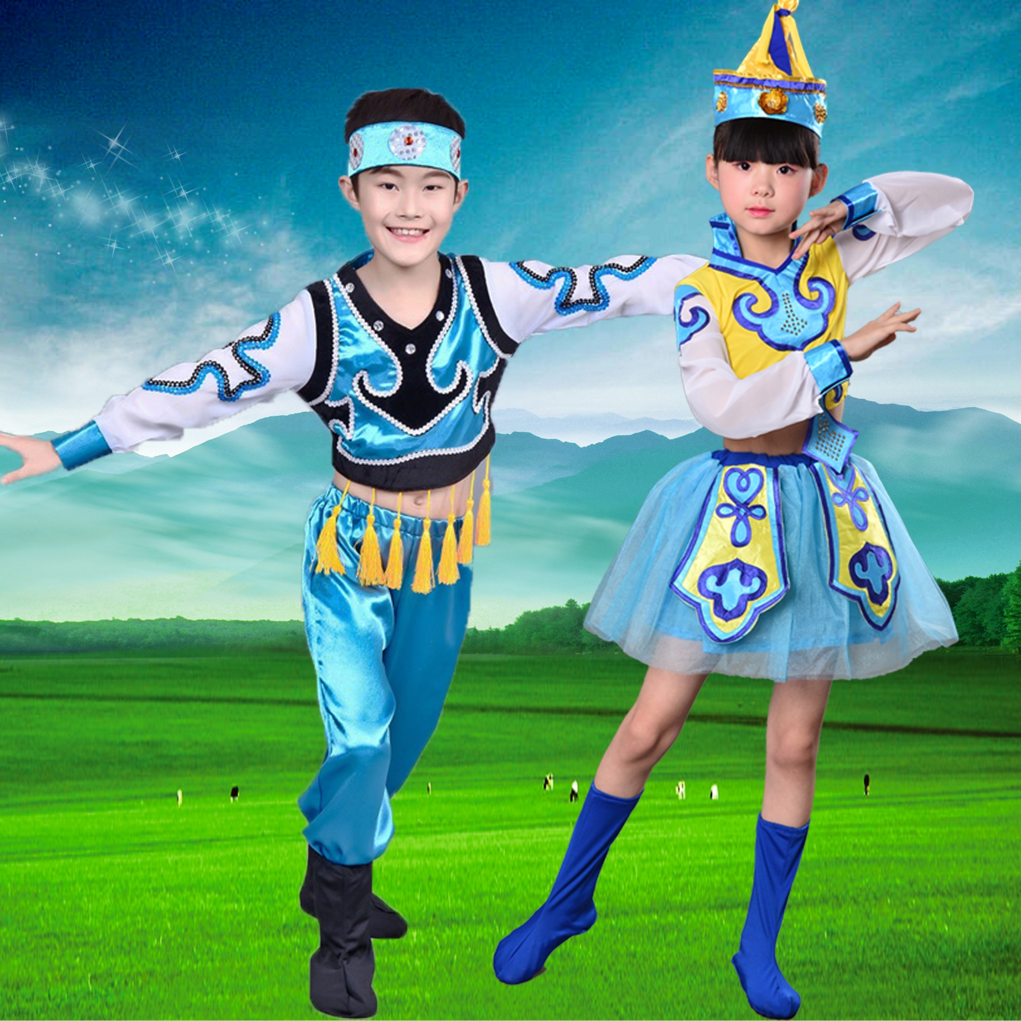 新马蹄哒哒儿童表演服民族蒙族女童筷子舞蹈服幼儿蒙古舞服装纱裙