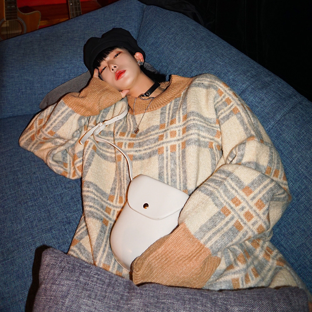 leman金俊 毛衣男宽松韩版潮流复古格子潮牌套头针织衫慵懒风上衣