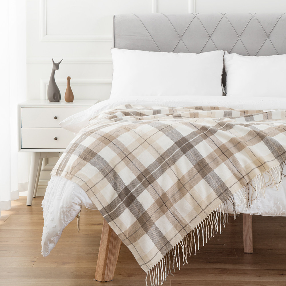 北欧毛毯盖毯沙发酒店床尾灰白格子流苏午睡休闲毯