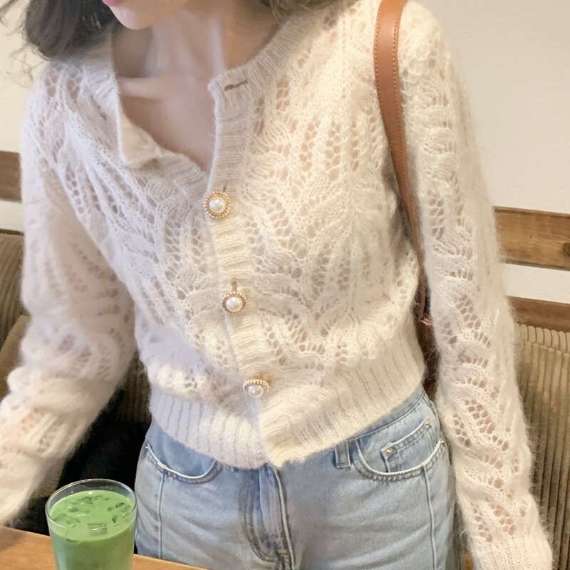 欧洲站白色马海毛开衫女镂空短款春装毛衣外套小香风毛针织衫