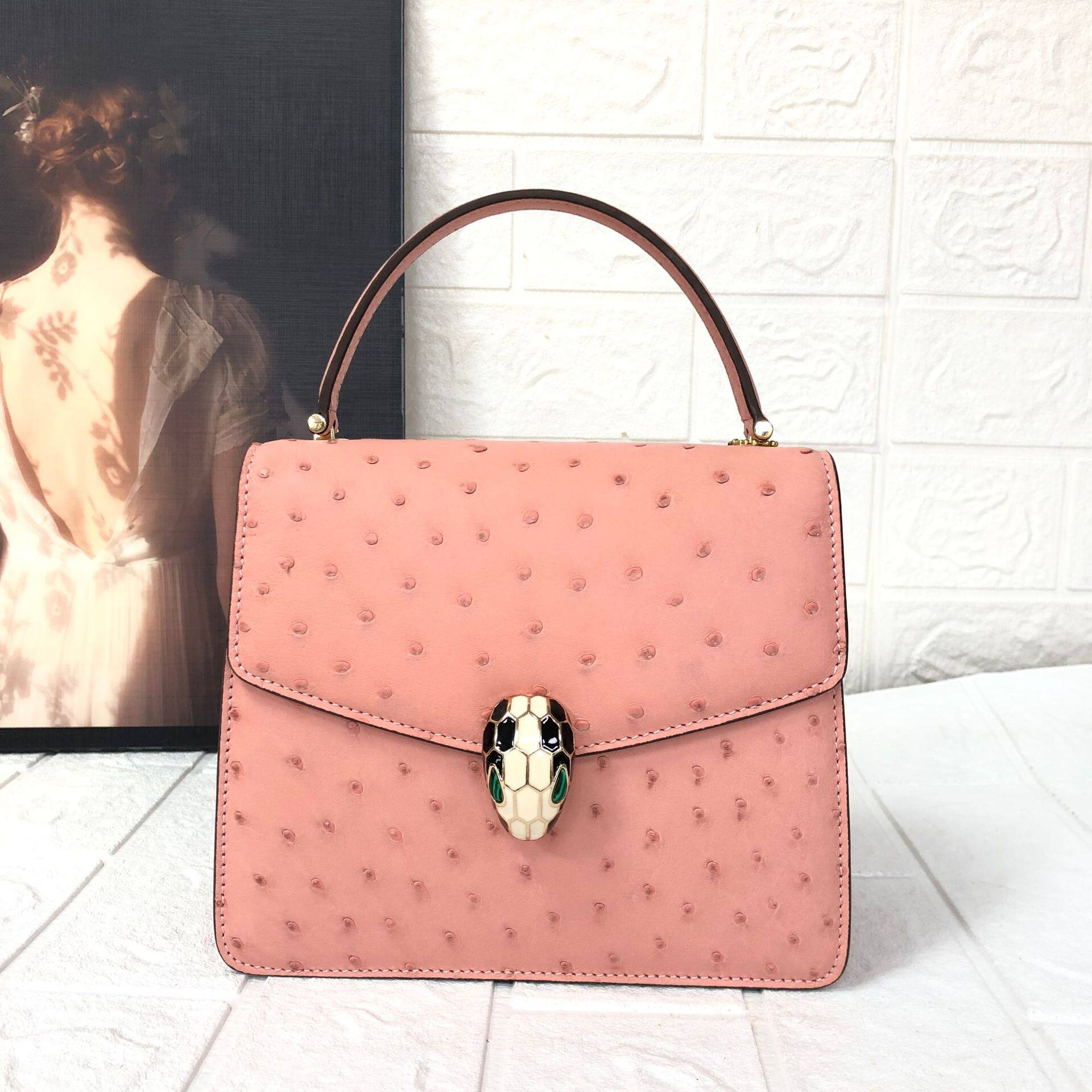 xbelo2022奢侈品南非鸵鸟皮女包蛇头手提包真皮小方包斜挎包20cm