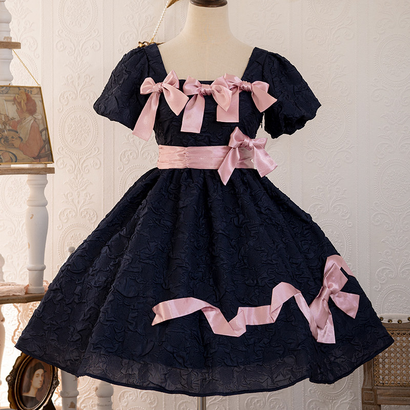 肌理腰带宽腰lo蝴蝶结浮雕茶丸绀色设计原创连衣裙