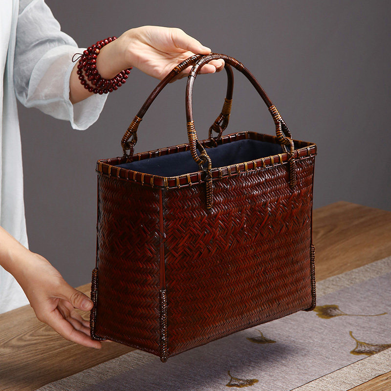 手工复古茶具便携拎包竹包手提包文艺包包女编织竹编