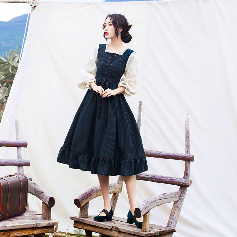 田园宫廷惊爆通勤长裙秋季拉链复古单件欧式连衣裙