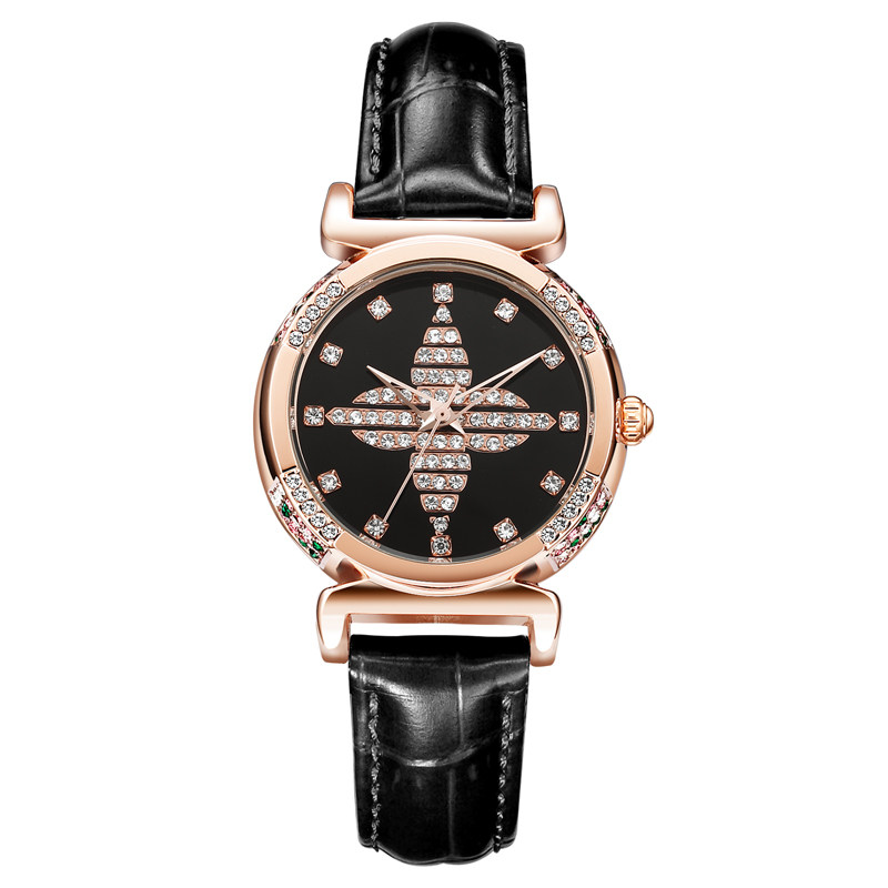 雅琴yaqin四叶草镶钻玫瑰金时尚防水百搭黑白白色国产腕表