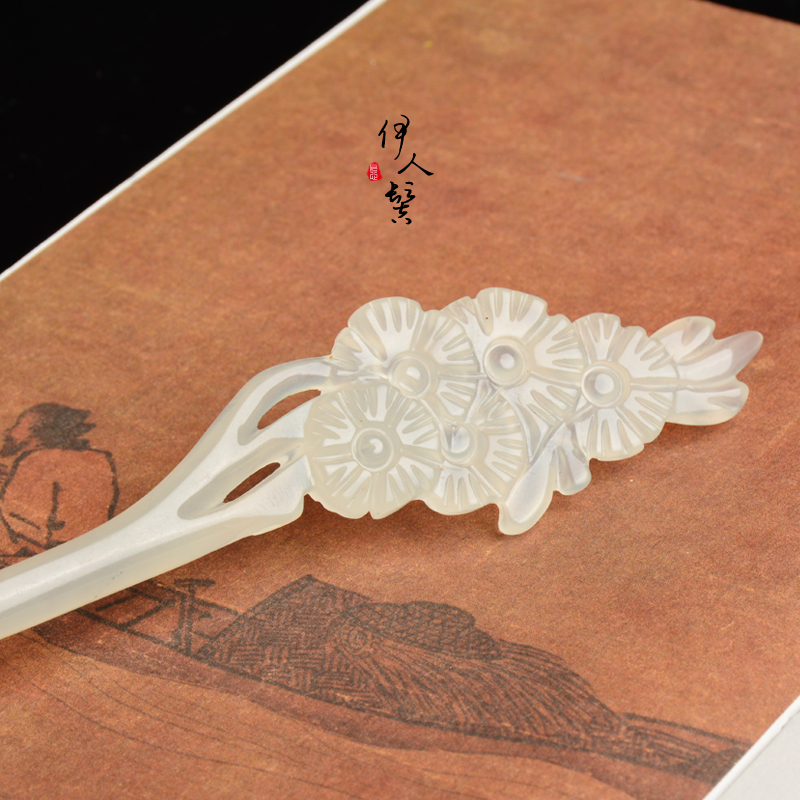 古典天然岫玉玉石发簪玉梅梅花镂空精雕玉簪发饰