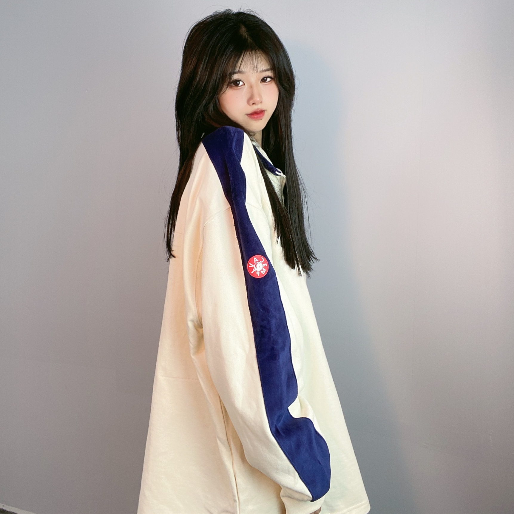 LIFE CAVEMPT C.E范丞丞同款半拉链高领校服杏蓝拼接丝绒男女卫衣