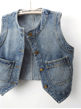 ລະດູໃບໄມ້ປົ່ງໃໝ່ປີ 2024 Retro Versatile Round Neck Denim Vest Women's Short Sleeveless Vest Vest Top