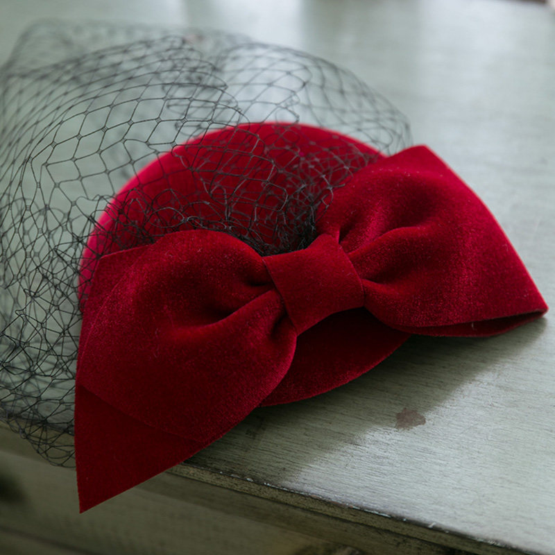 法式新娘名媛优雅敬酒服网面纱红色丝绒小礼帽帽子