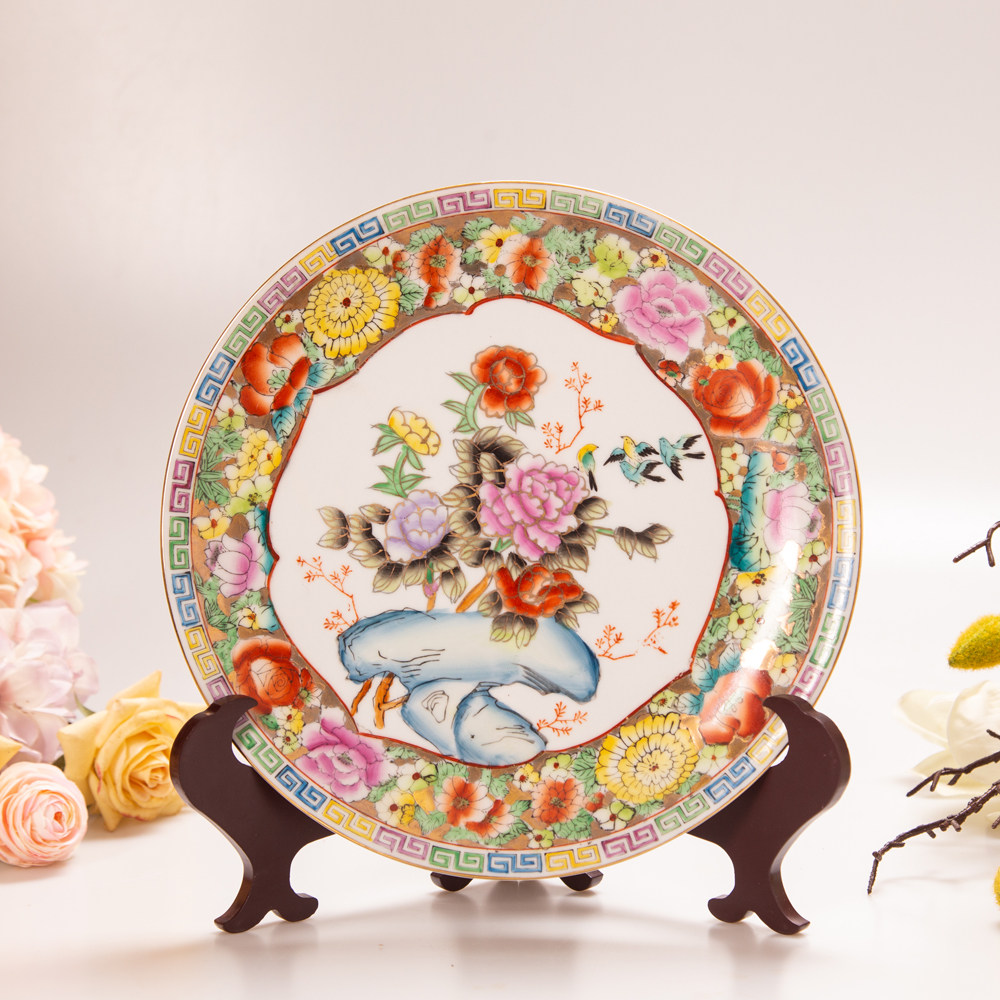 装饰墙面挂盘创汇回流手绘牡丹牡丹花花鸟创意装饰坐盘