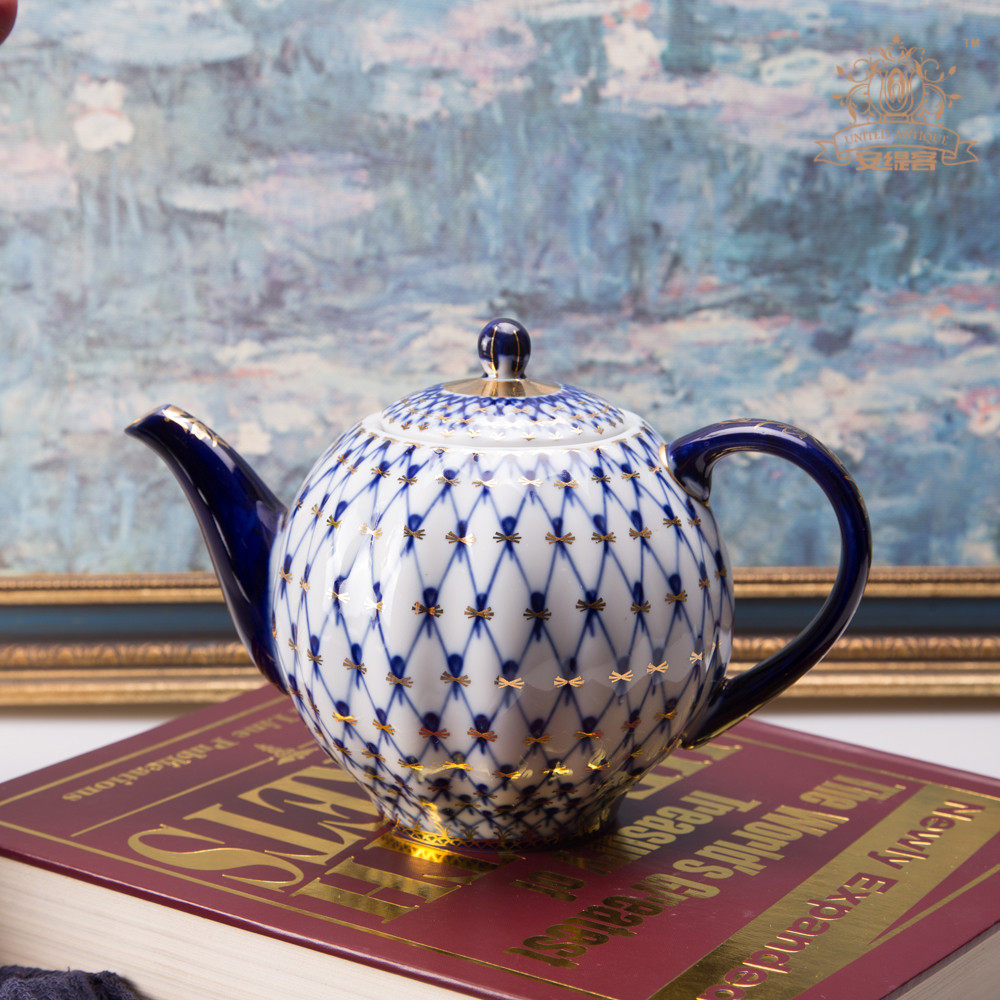 陶瓷茶壶俄罗斯皇家瓷器lomonosov经典手工钴蓝网纹茶壶
