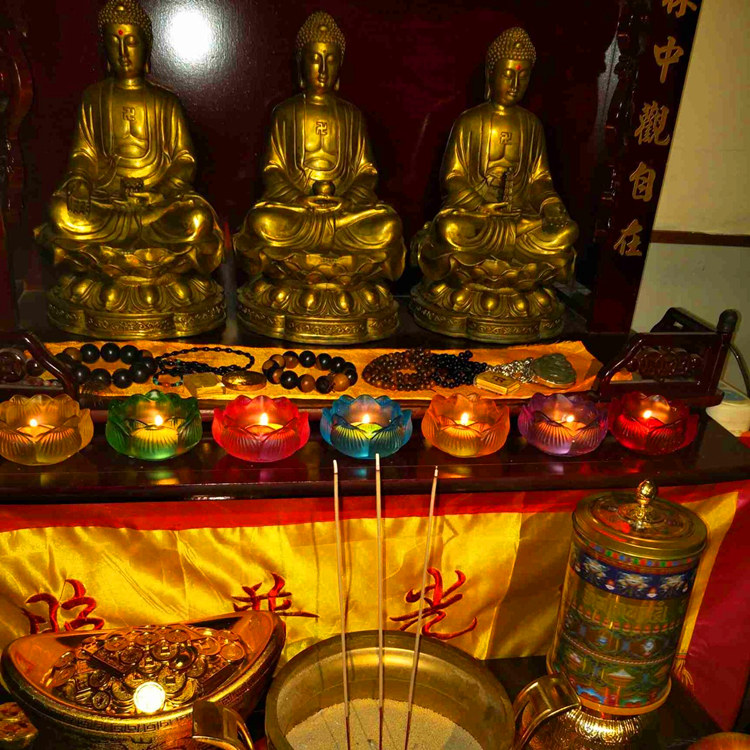 酥油灯座 七彩琉璃莲花灯佛供灯 家用佛具佛前长明灯烛台7个 油灯