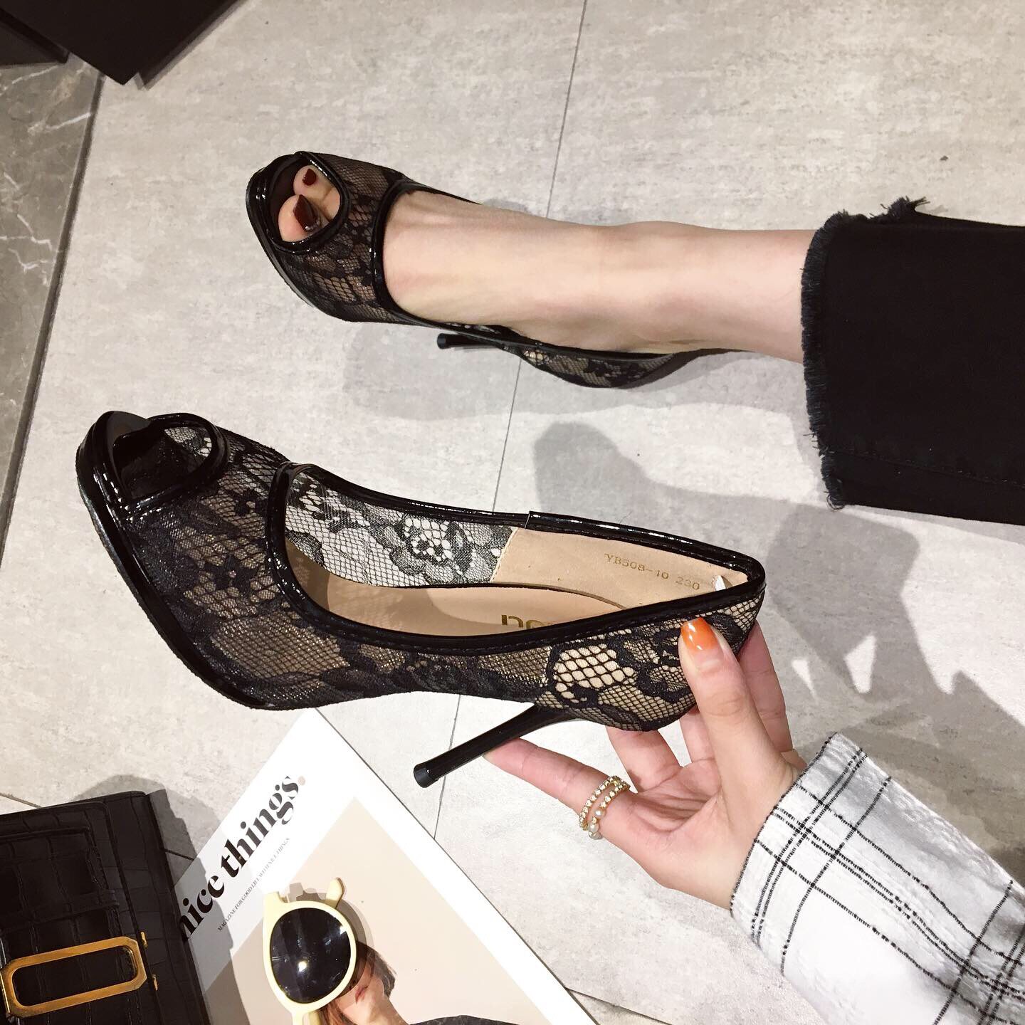 2019夏季新款鱼嘴高跟鞋女细跟蕾丝网纱单鞋性感夜店防水台凉鞋女