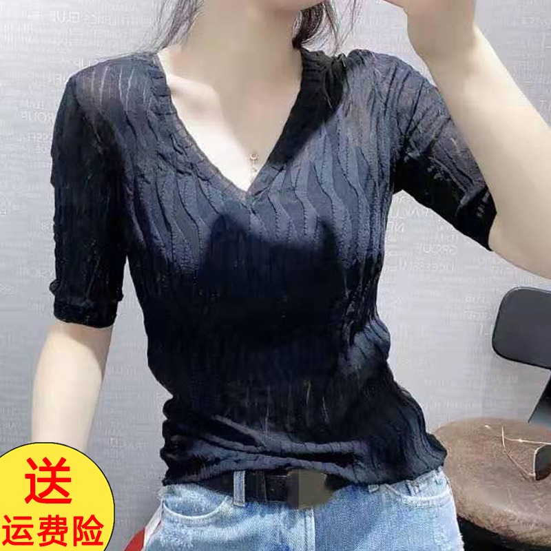基础款百搭短袖纯色t恤女欧货冰丝针织内搭体恤薄打底衫褶皱上衣