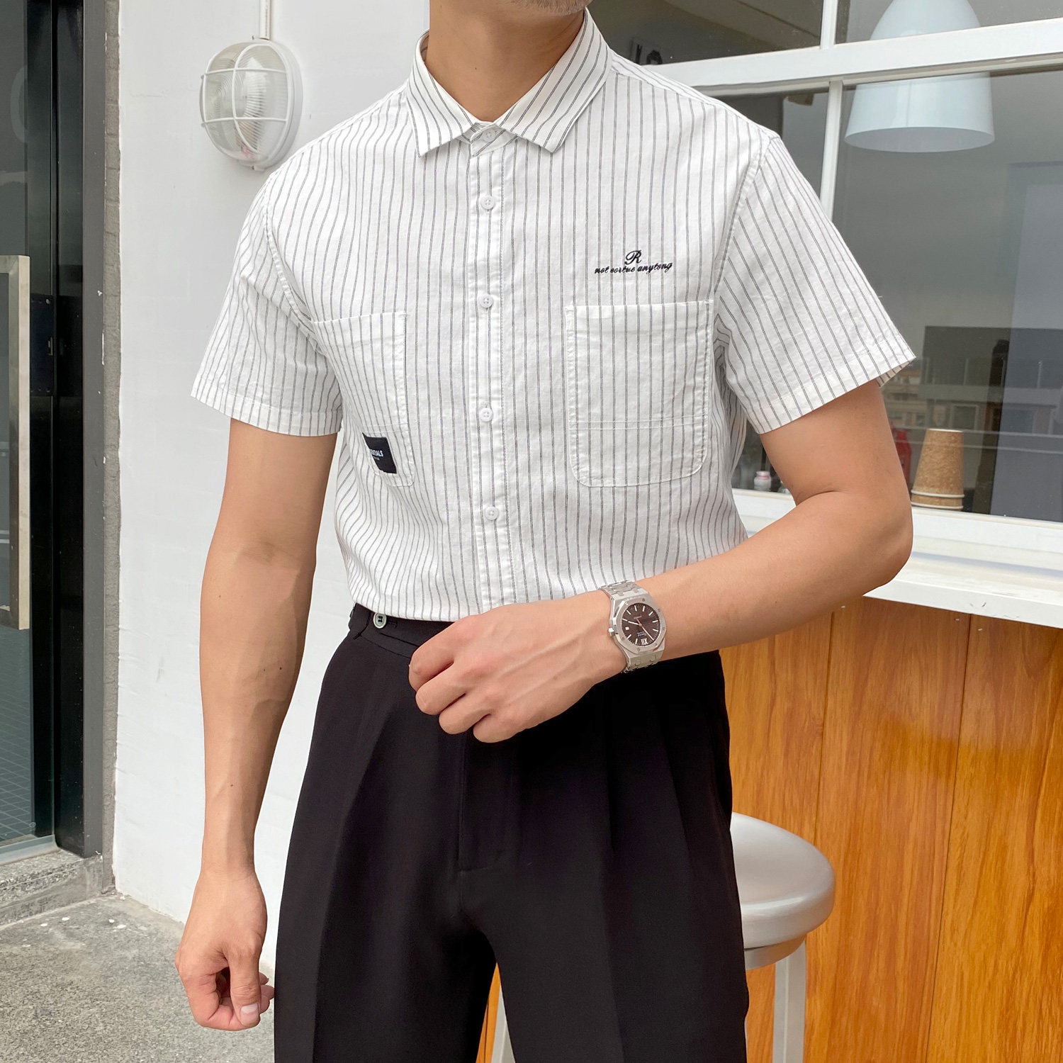 条纹短袖衬衫男韩版日系修身潮流百搭个性口袋衬衫
