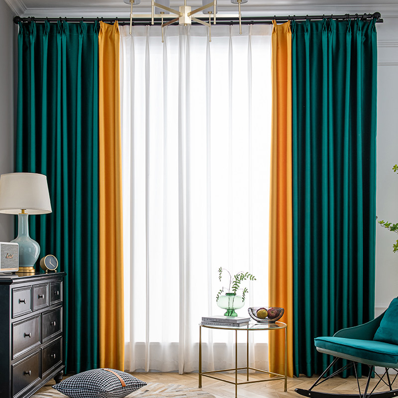 灰橘色窗帘遮光北欧简约卧室客厅轻奢拼接拼色定制窗帘