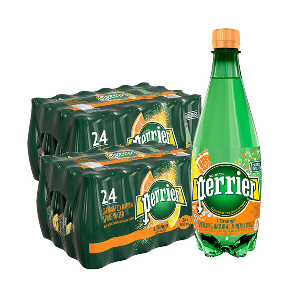 perrier巴黎水进口含气橘子味饮料塑料瓶随享装矿泉水