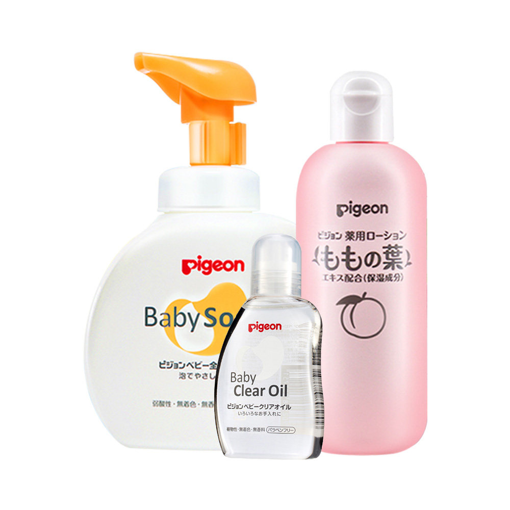 日本pigeon贝亲进口洗护组合沐浴乳500ml桃叶200ml按摩油