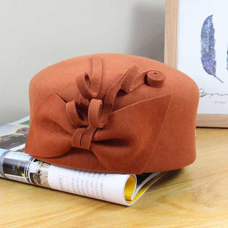 羊毛贝雷帽秋冬新款韩版优雅蝴蝶结花朵气质画家帽子
