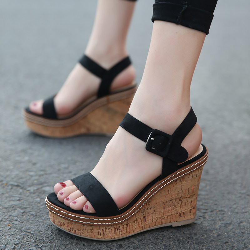 2019新款夏季女士高跟露趾凉鞋松糕厚底防水台女欧美坡跟凉鞋女夏