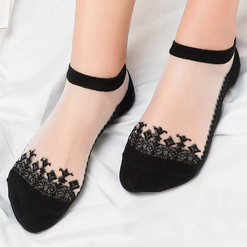 春夏玻璃水晶花边蕾丝花蕾丝丝袜玻璃丝薄款纯棉短袜