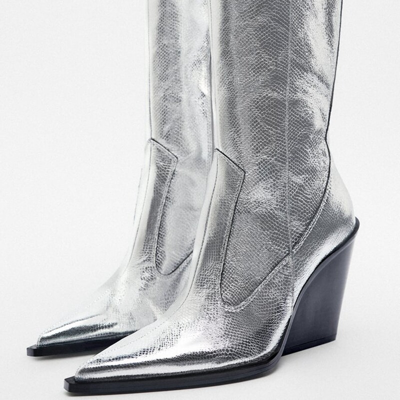 za2022秋冬新款西部长靴银色羊皮皮革不过过膝时装靴