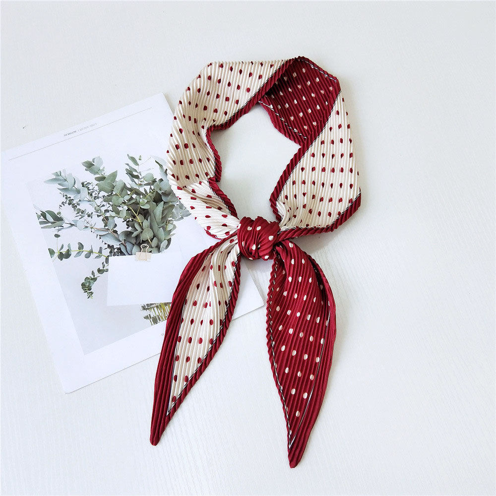 褶皱红米波点拼色双面小丝丝巾复古职业蝴蝶结围巾