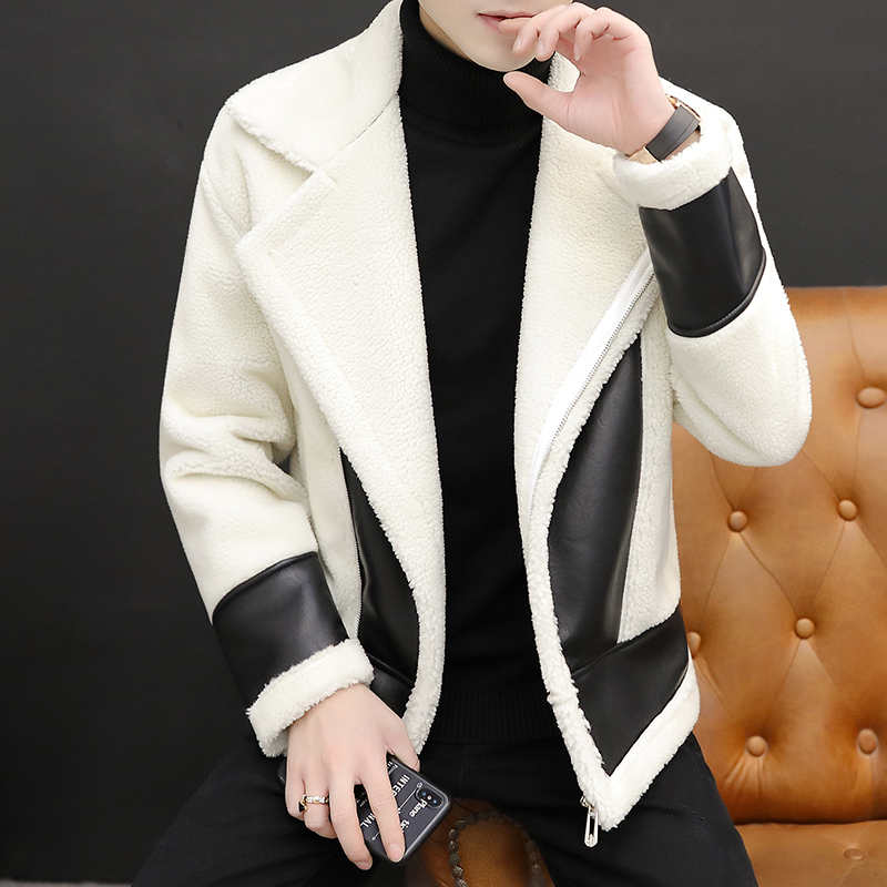 香港专柜冬季男士翻领羊羔毛外套加绒加厚男帅气休闲撞色潮流棉袄