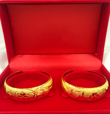 20mm宽面新款铜镀金手镯女开口沙金龙凤手镯新娘结婚金镯子饰品